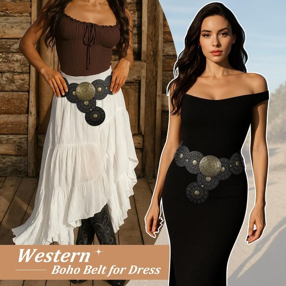 8631 Women Wide Western Disc Belt Cowgirl Boho Leather Belt For Jeans Dress - Picture 4 of 5